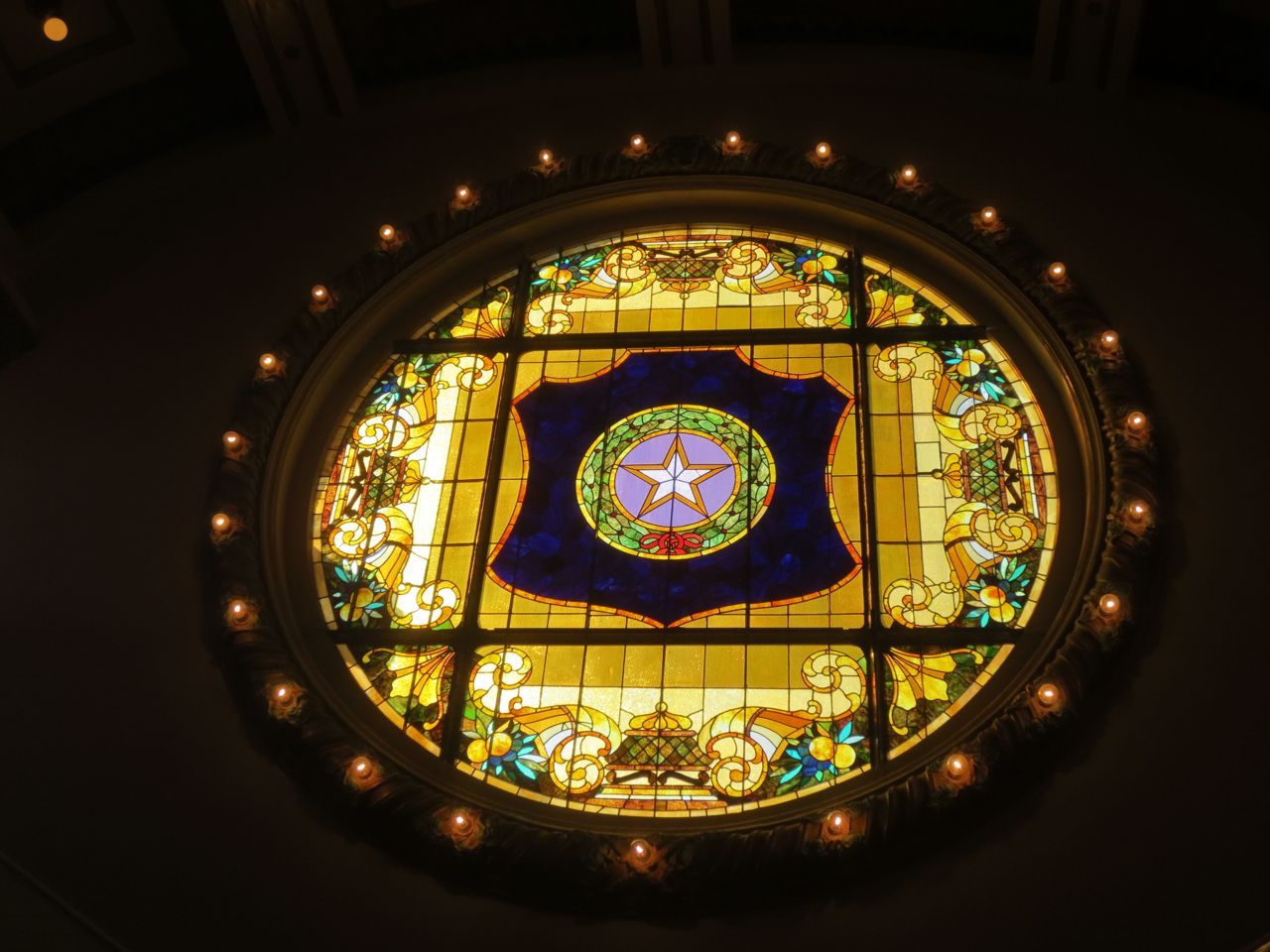 Stained glass window at Sunset Station, site of the National School Choice Week San Antonio Whistle Stop | San Antonio Charter Moms