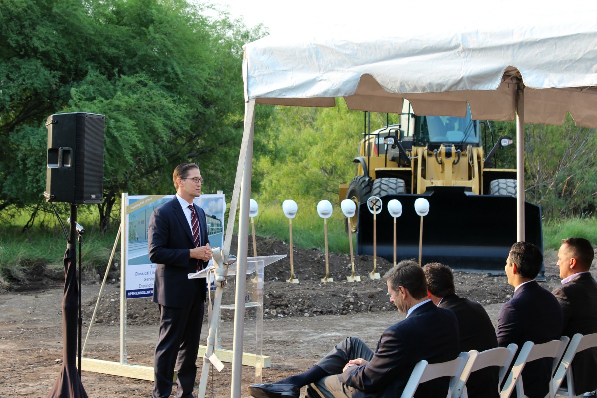 Great Hearts co-founder and Chief Advancement Officer Dr. Daniel Scoggin at Great Hearts Western Hills groundbreaking ceremony | San Antonio Charter Moms