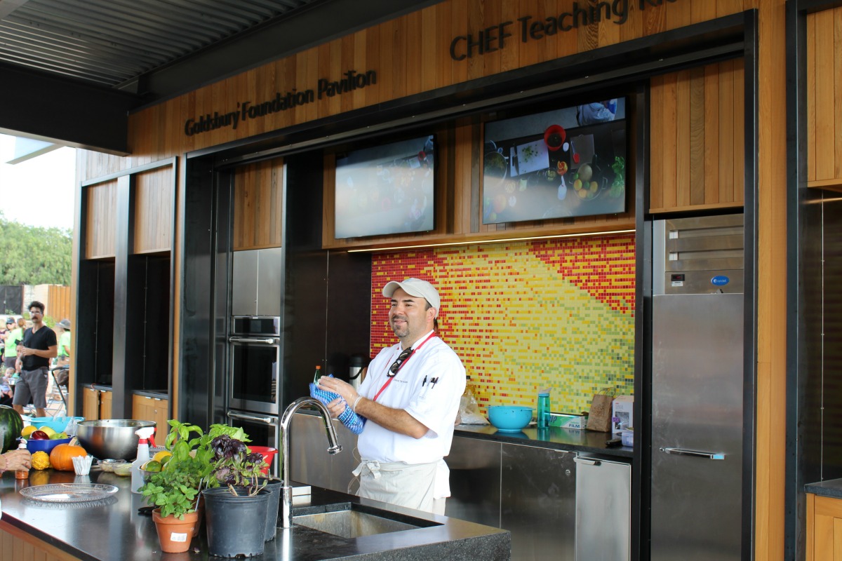 Chef Dave Terrazas in the outdoor kitchen in the expanded San Antonio Botanical Garden | San Antonio Charter Moms