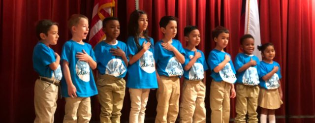 Twain Dual Language Academy students reciting the Pledge of Allegiance at the San Antonio ISD State of the District address | San Antonio Charter Moms