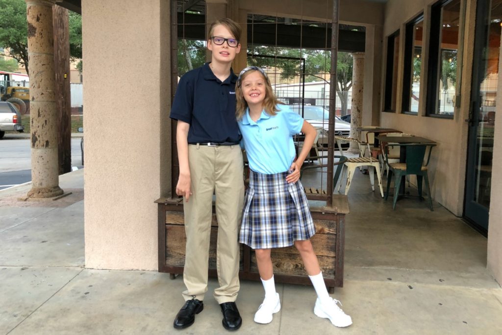 F.T. and G.N. at on the first day back to school at Great Hearts Academies for 2018-19 | San Antonio Charter Moms