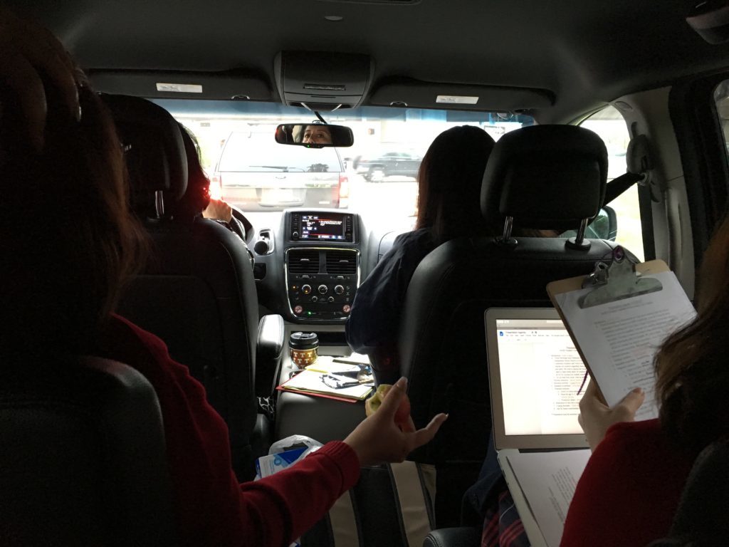 Hall Monitor: Delia McLerran (in the rearview mirror) driving her students up to Austin on April 20 so they advocate for stronger gun laws | San Antonio Charter Moms