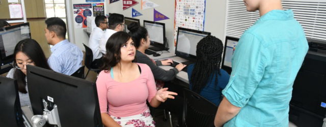 Stacy Carrizales (in pink), is a Jefferson High School senior participating in the Jungle Disk internship. Photo courtesy of SAISD.