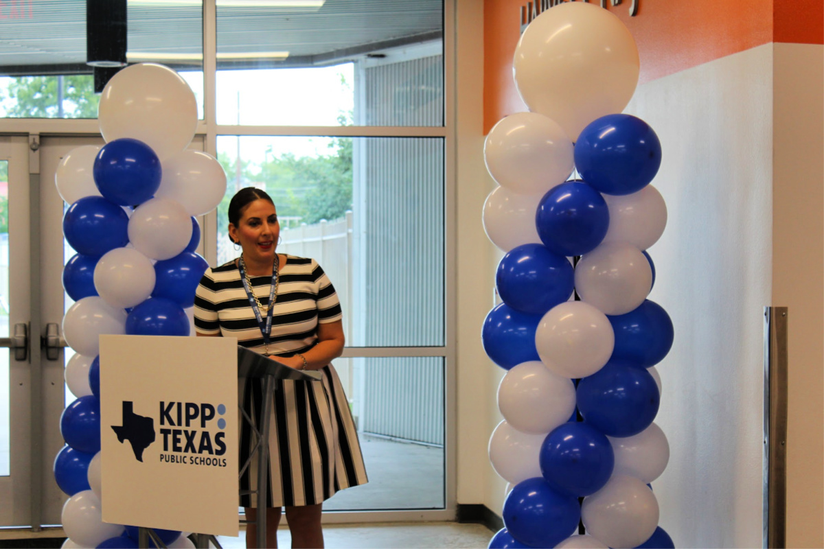Dalia Contreras thanking Harvey Najim at KIPP Texas--San Antonio | San Antonio Charter Moms
