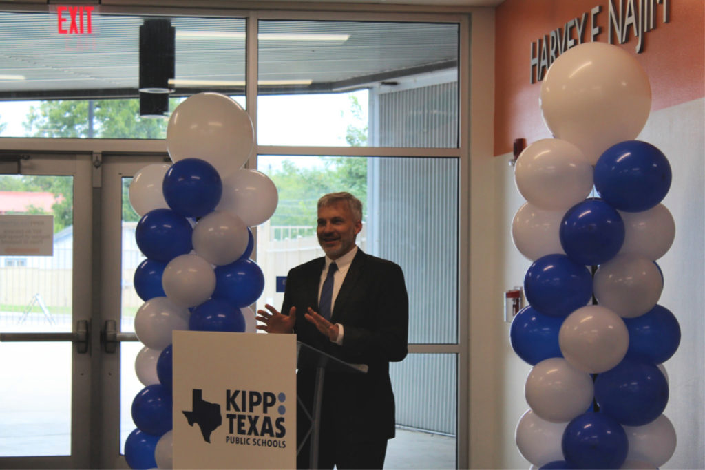 Mark Larson thanking Harvey Najim at KIPP Texas--San Antonio | San Antonio Charter Moms