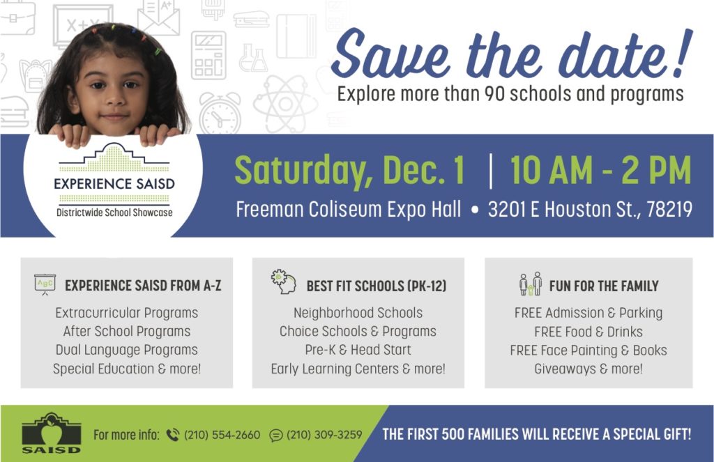Flyer for Experience SAISD at San Antonio ISD on December 1, 2018 | San Antonio Charter Moms