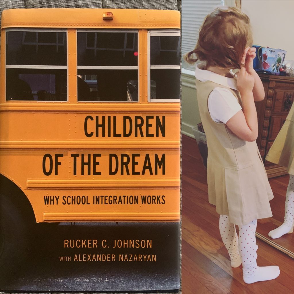 book cover "Children of the Dream" and a child getting dressed for school