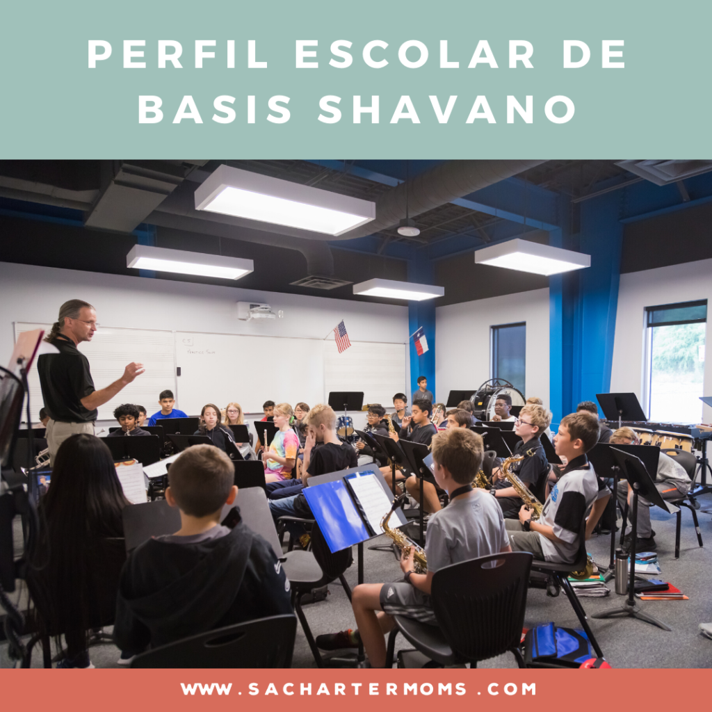 band students in class at basis shavano in san antonio texas with spanish title "perfil escolar de basis shavano" at top of image