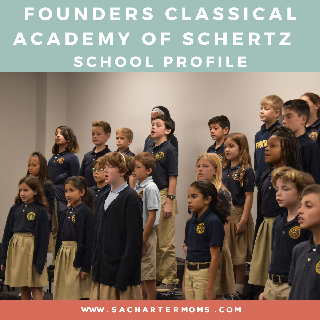 students singing in school choir with overhead text "founders classical academy of schertz school profile"
