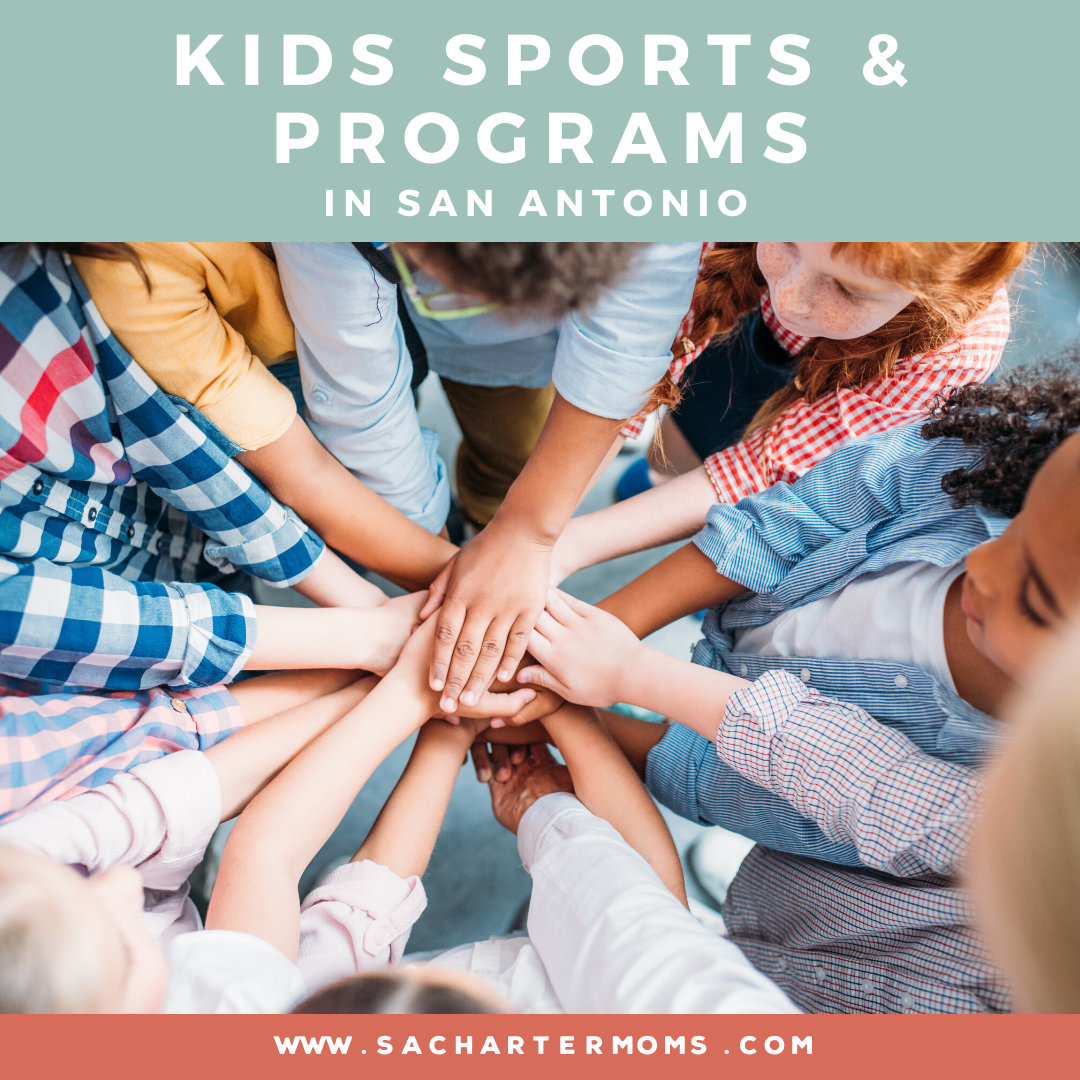 kids putting hands in circle with text "kids sports & programs in San Antonio"
