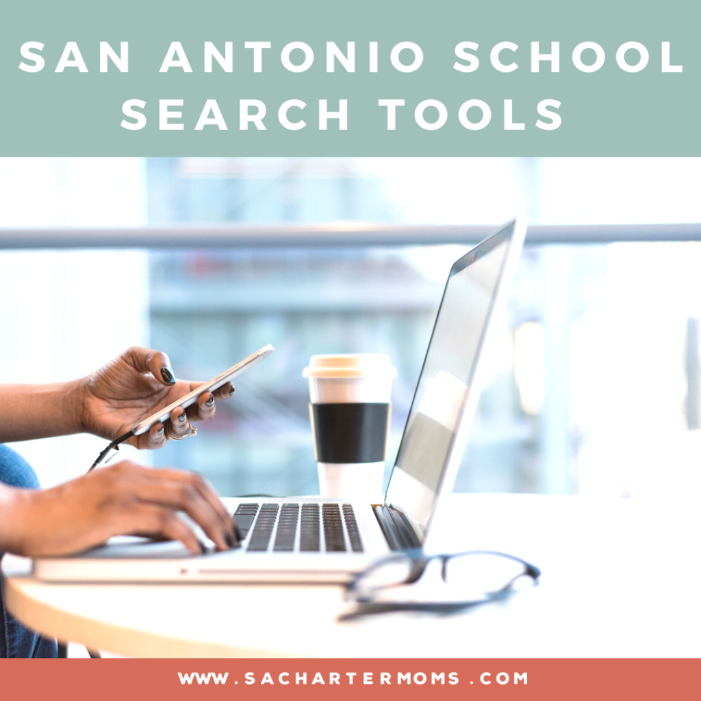 woman's hands using phone and laptop at desk | caption reads "San Antonio School Search Tools"