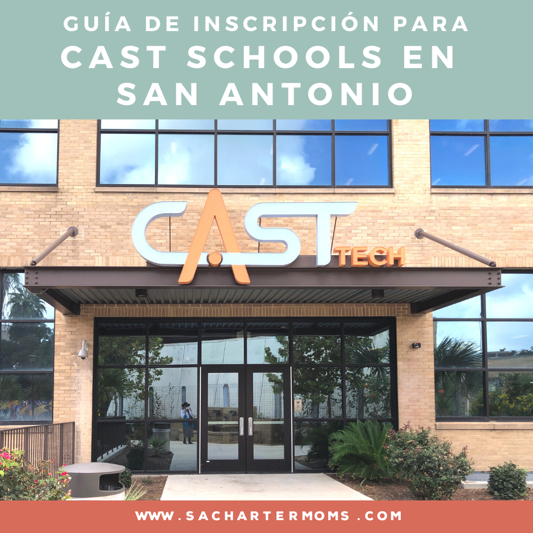 front of cast tech high school in san antonio texas | spanish caption reads guia de inscripcion para cast schools en san antonio