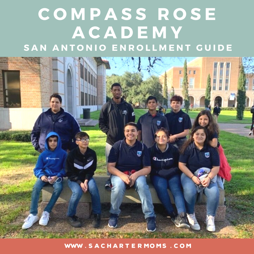 group of students sitting together smiling for camera, graphic text reads "compass rose academy san antonio enrollment guide"