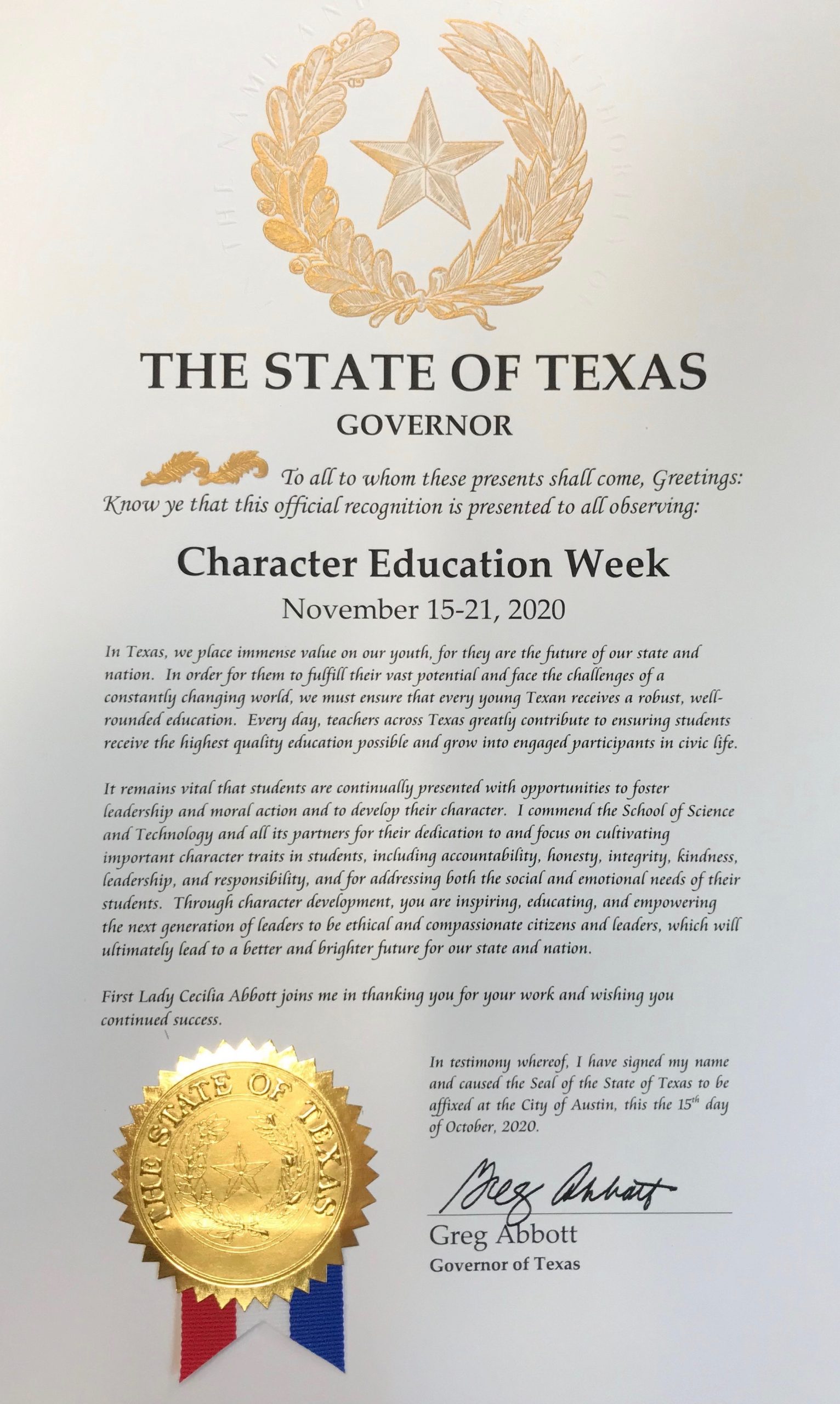 Texas Character Week November 15 to 21, 2020 proclamation governor greg abbott