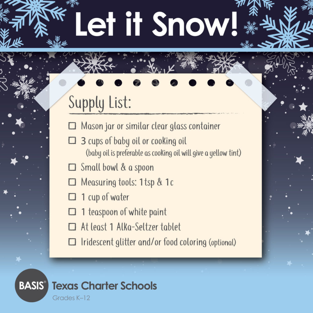 Supply List for Snow Experiment in a Bottle Kitchen Chemistry Audrey Hagopian BASIS Charter Schools