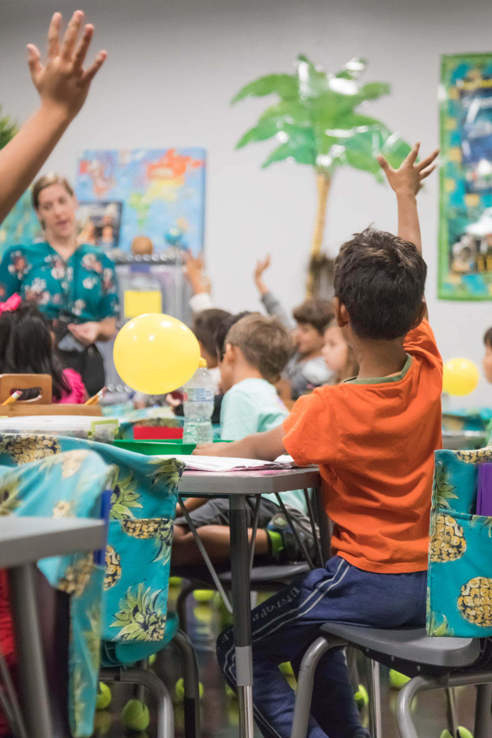 child raising hand during basis charter school kindergarten lesson