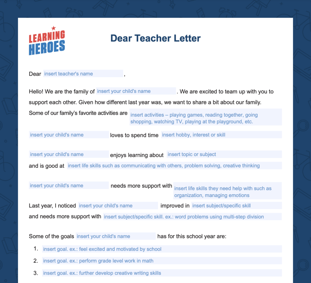 Learning Heroes Team Up for Success Dear Teacher Letter mad libs