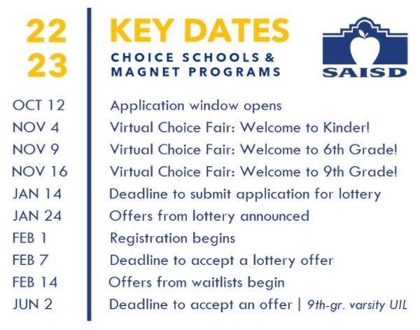SAISD Enrollment Key Dates Deadlines English