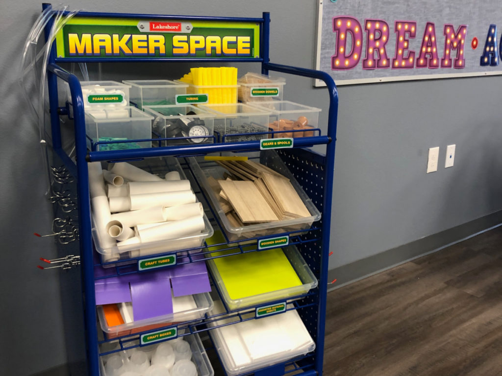 maker space classroom shelf display