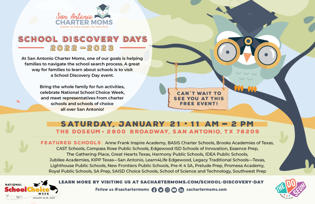 San Antonio Charter Moms School Discovery Day flyer DoSeum January 2023