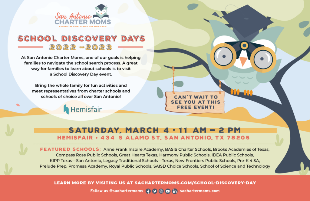 San Antonio Charter Moms School Discovery Day flyer Hemisfair March 2023