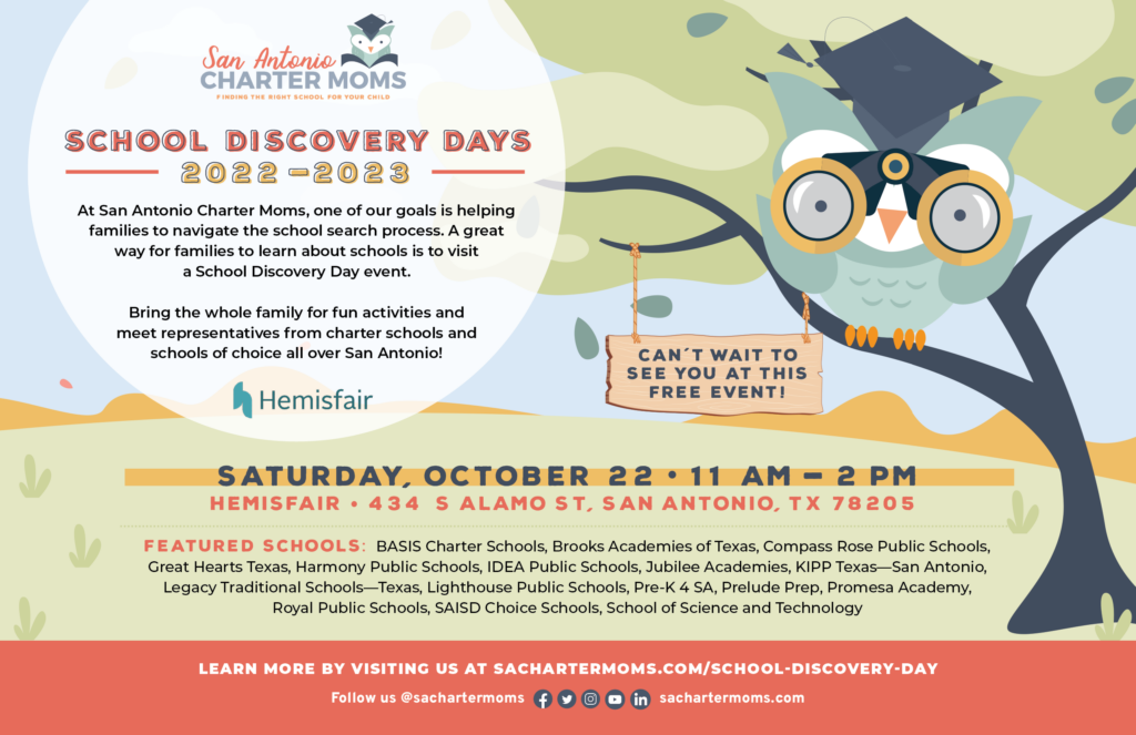 San Antonio Charter Moms School Discovery Day flyer Hemisfair October 2022