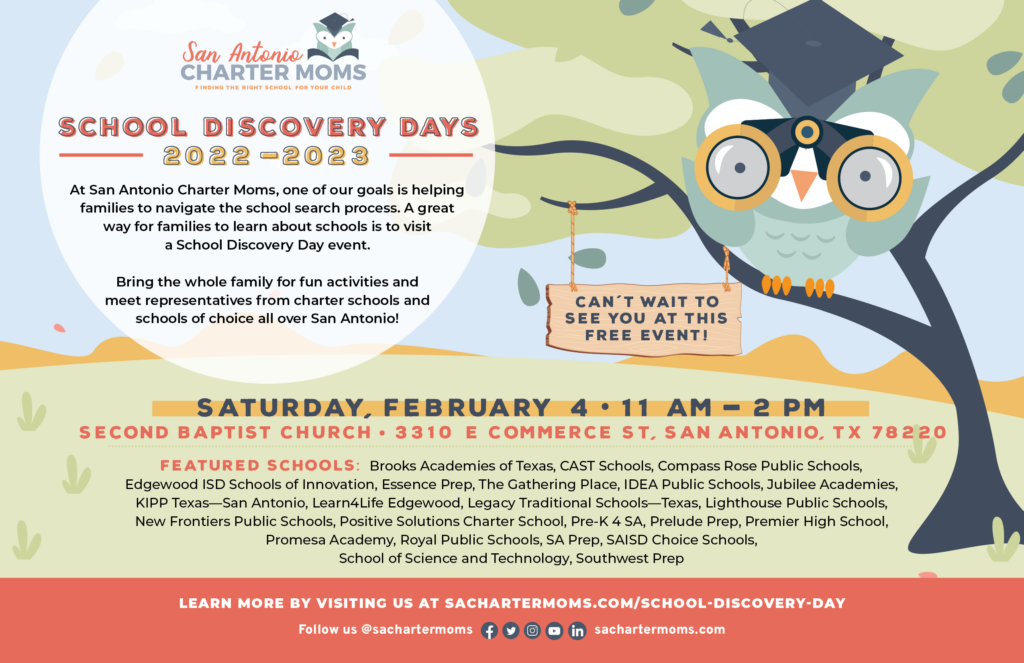 San Antonio Charter Moms School Discovery Day flyer Second Baptist February 2023