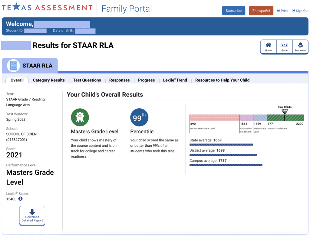 STAAR data RLA Texas Assessment family portal