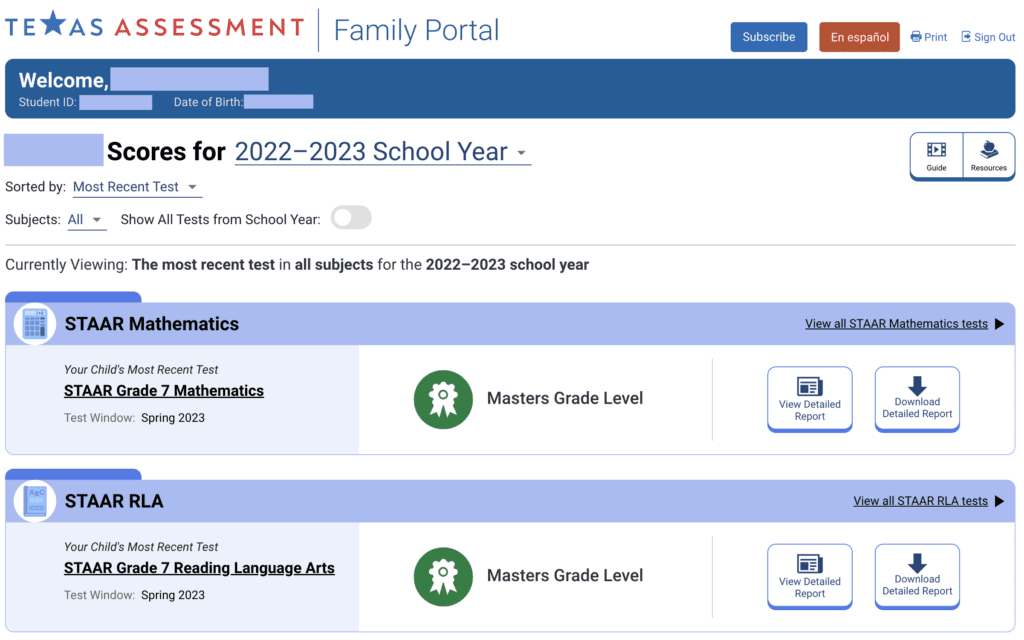 STAAR data home Texas Assessment family portal