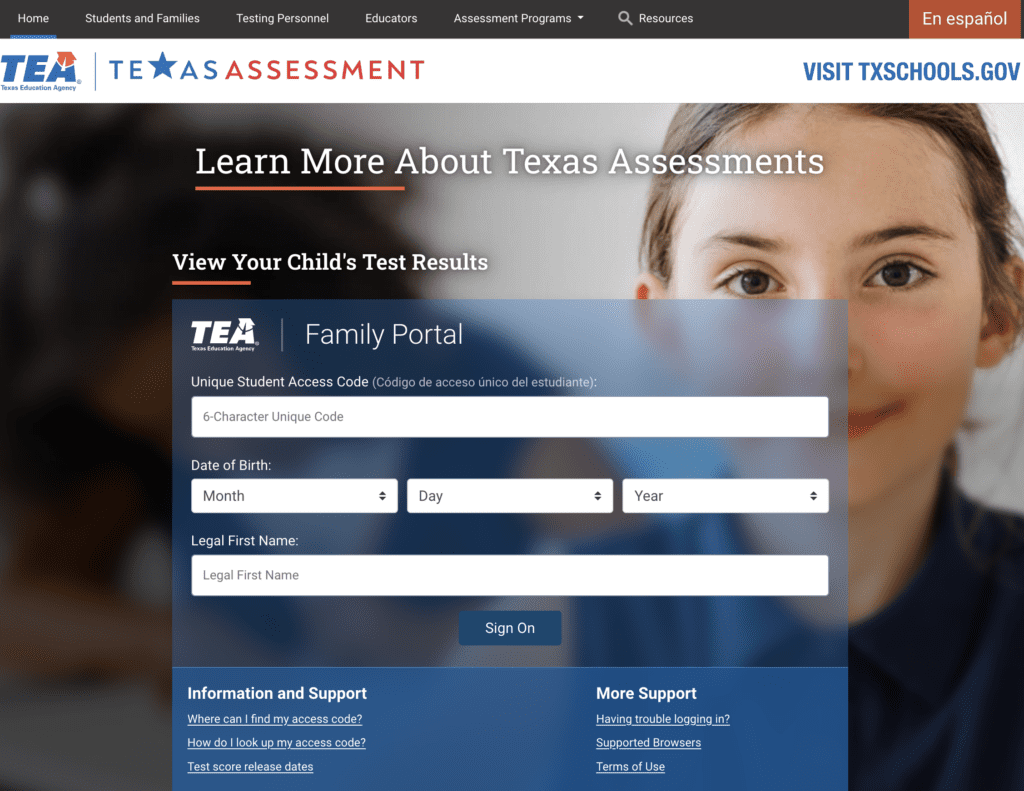 Texas Assessment home page STAAR