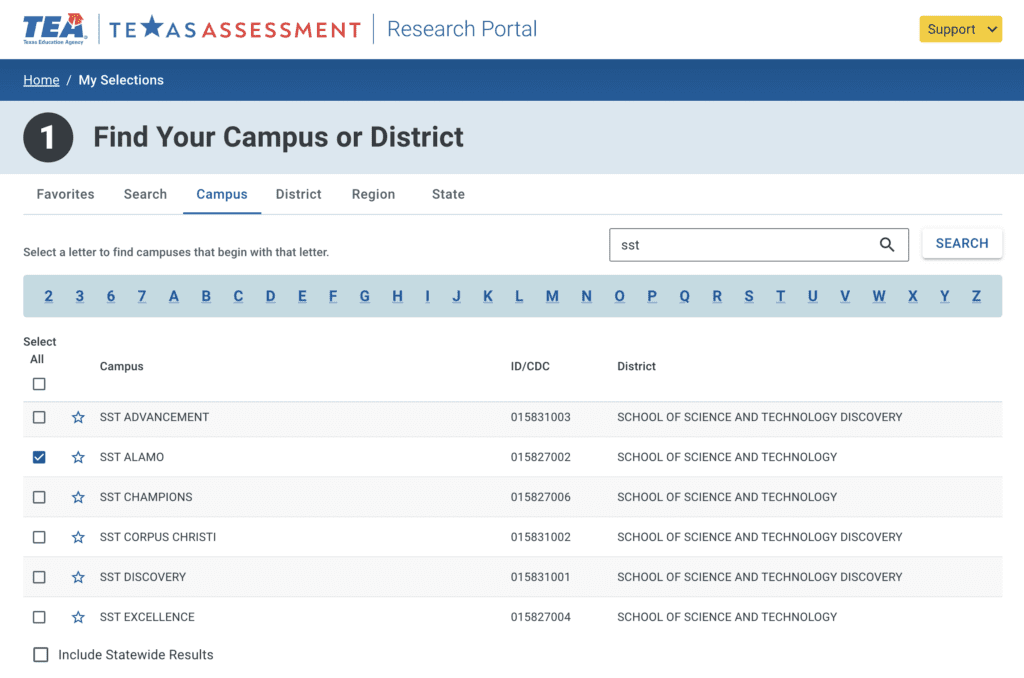 Texas Assessment Research Portal select campus